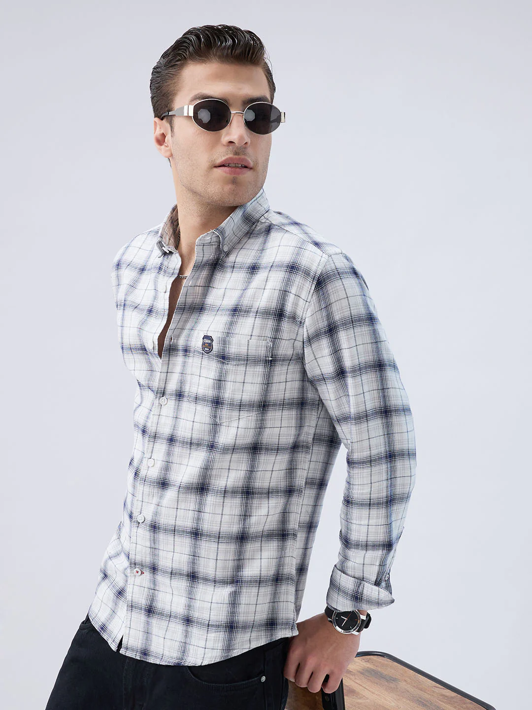 Monochrome Plaid Checks Button-Down Collar Shirt - Image 2