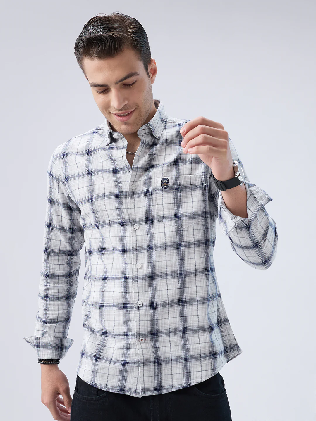 Monochrome Plaid Checks Button-Down Collar Shirt - Image 4