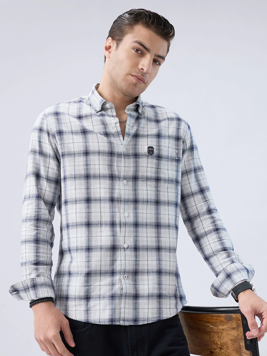 Monochrome Plaid Checks Button-Down Collar Shirt - Image 5