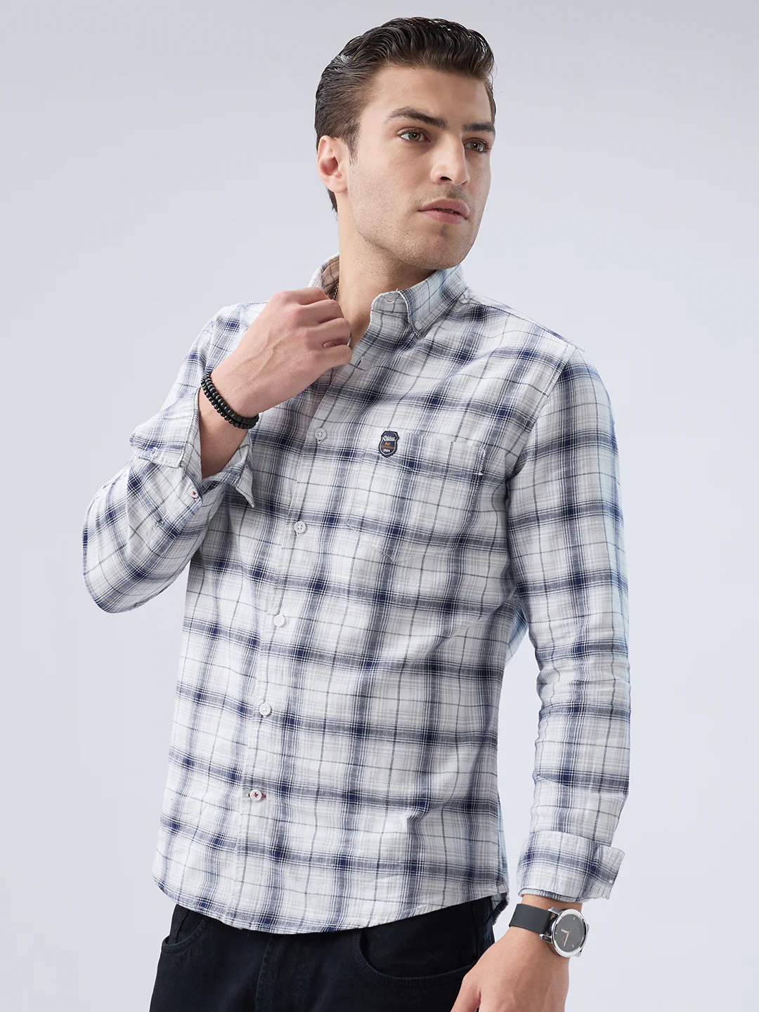 Monochrome Plaid Checks Button-Down Collar Shirt - Image 6