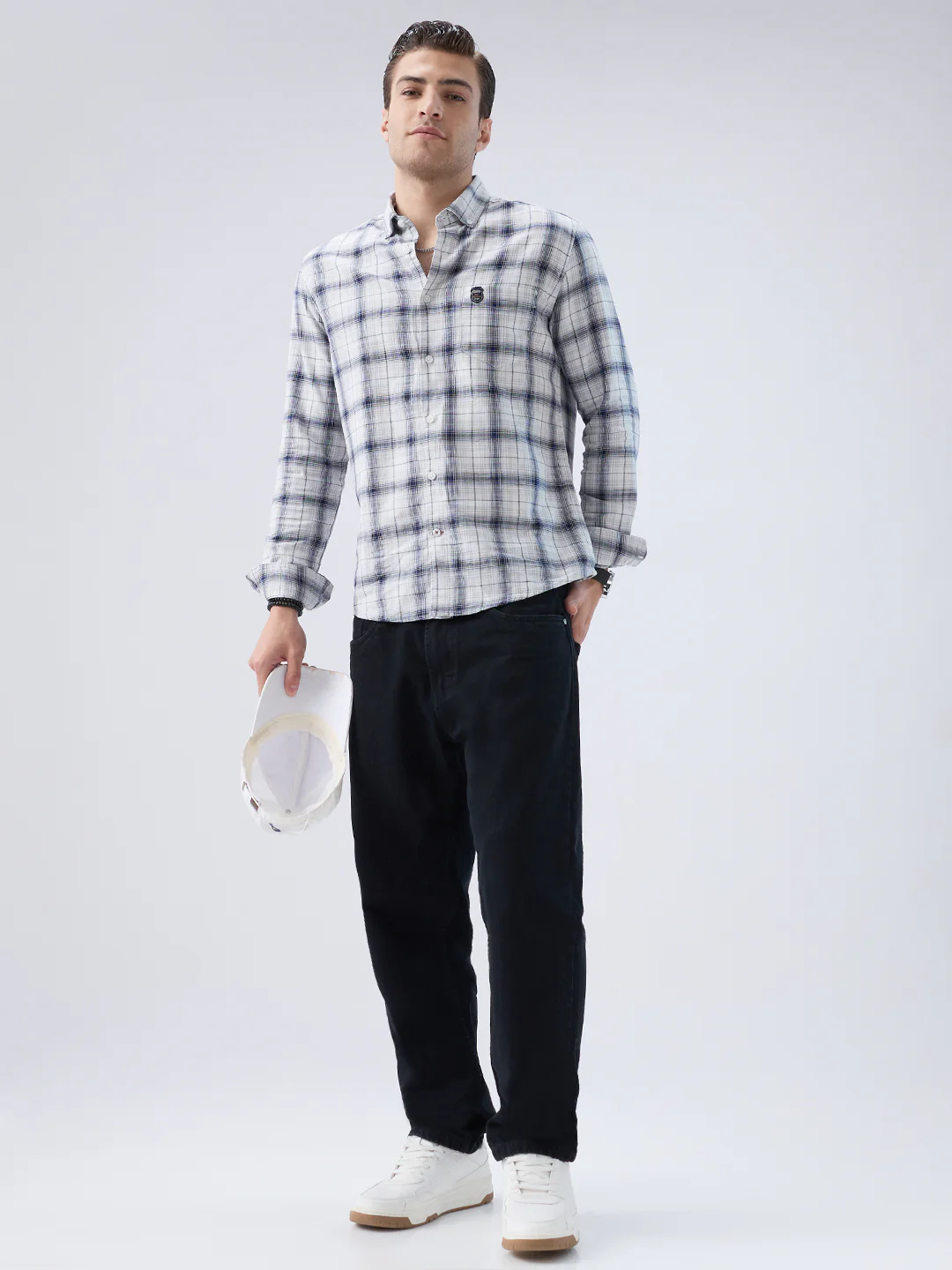 Monochrome Plaid Checks Button-Down Collar Shirt - Image 8