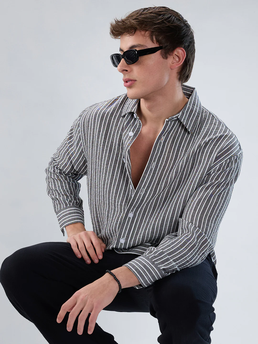 Monochrome Striped Crinkled Boxy-Fit Crop Shirt - Image 2