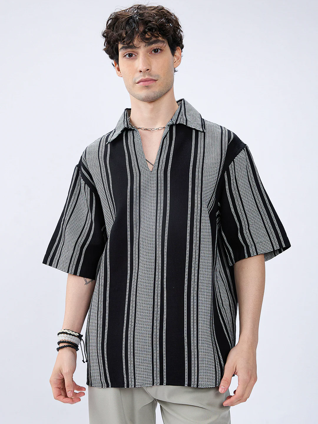 Monotone Vintage Striped Oversized Polo Shirt - Image 4