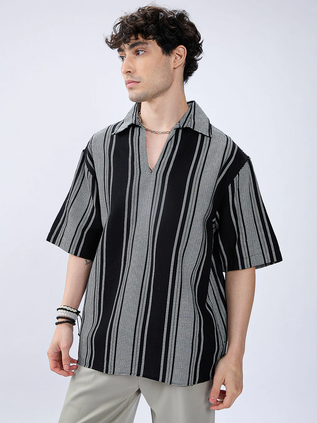 Monotone Vintage Striped Oversized Polo Shirt - Image 5