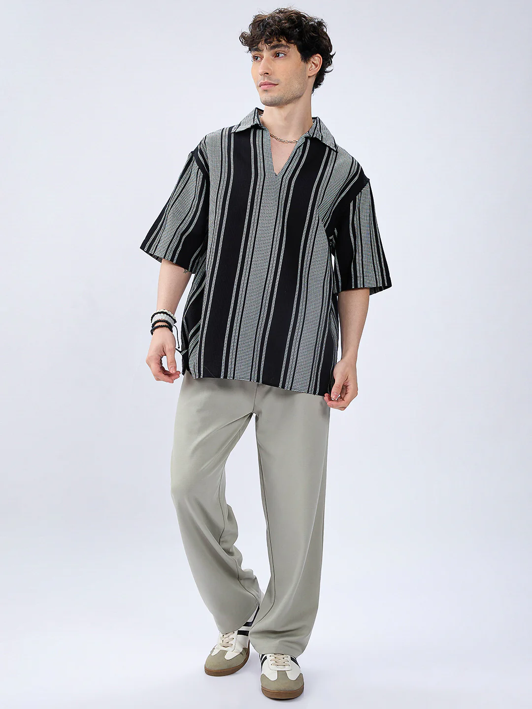 Monotone Vintage Striped Oversized Polo Shirt - Image 7