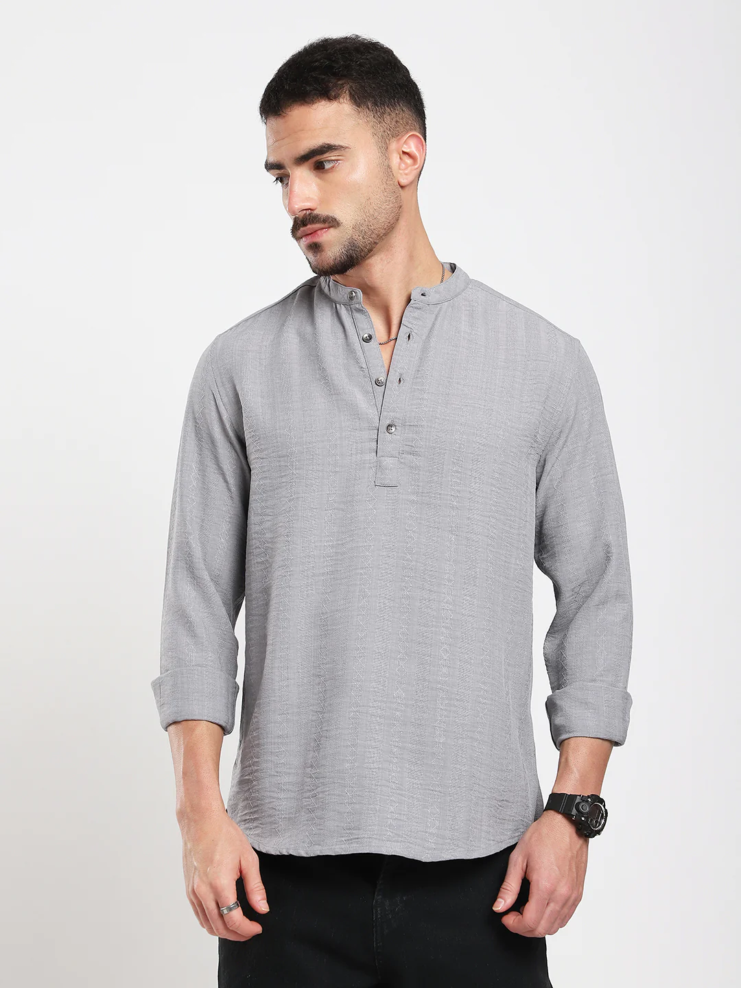 Monsoon Grey Refined Jacquard Striped Kurta - Image 4