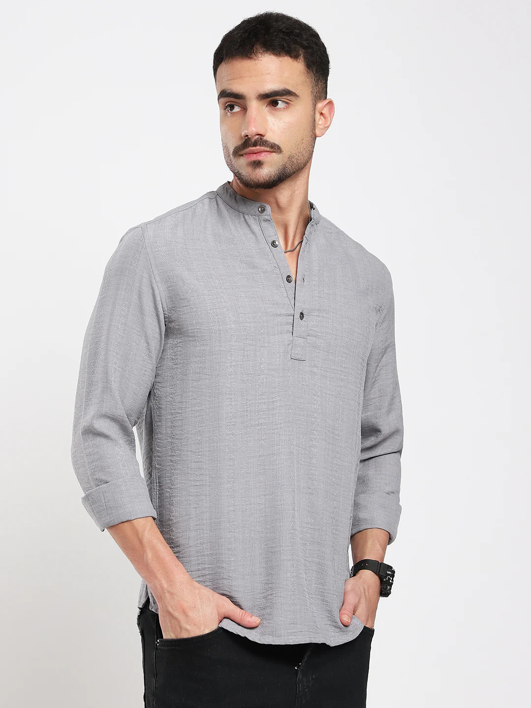 Monsoon Grey Refined Jacquard Striped Kurta - Image 5