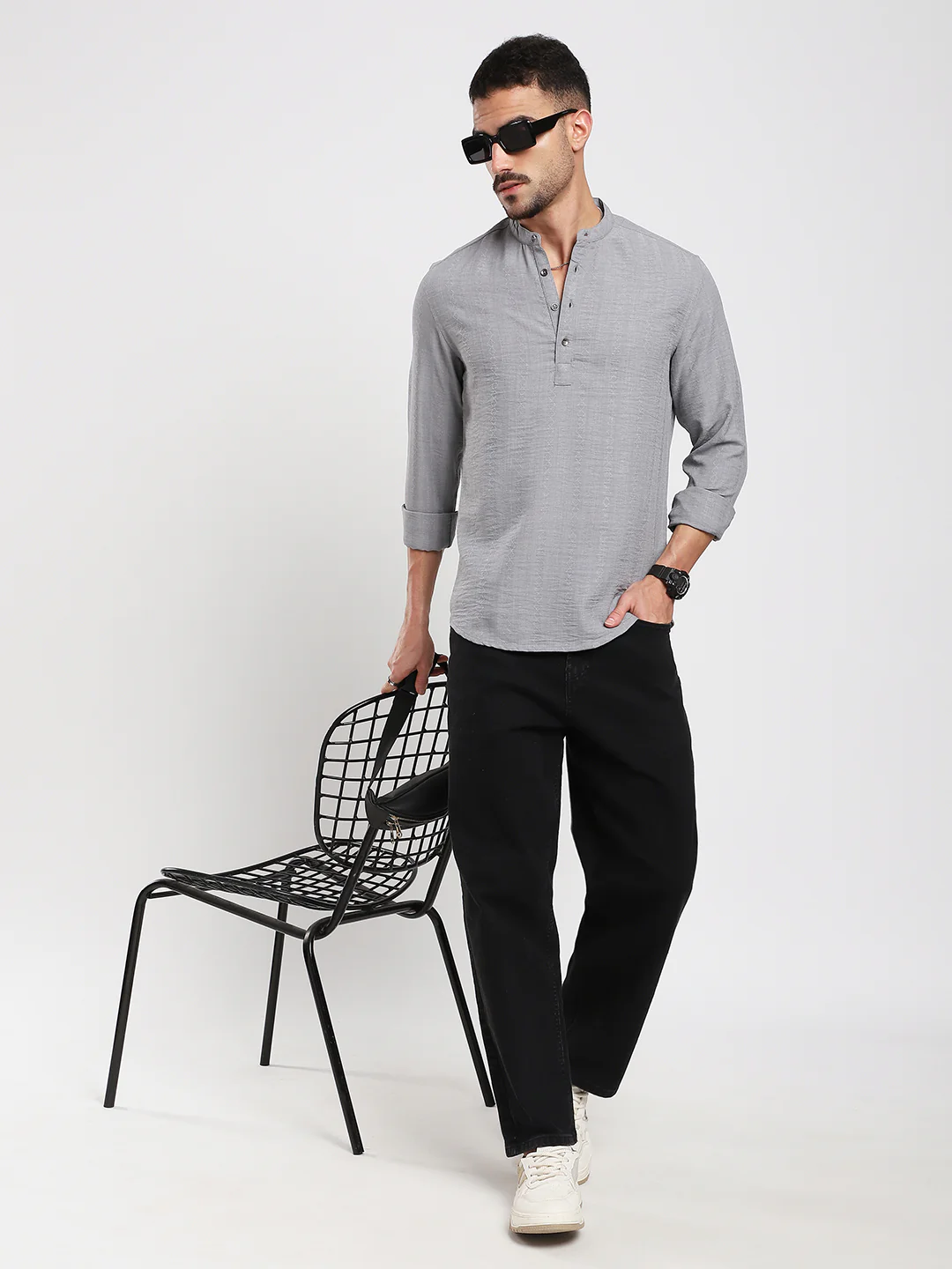 Monsoon Grey Refined Jacquard Striped Kurta - Image 7