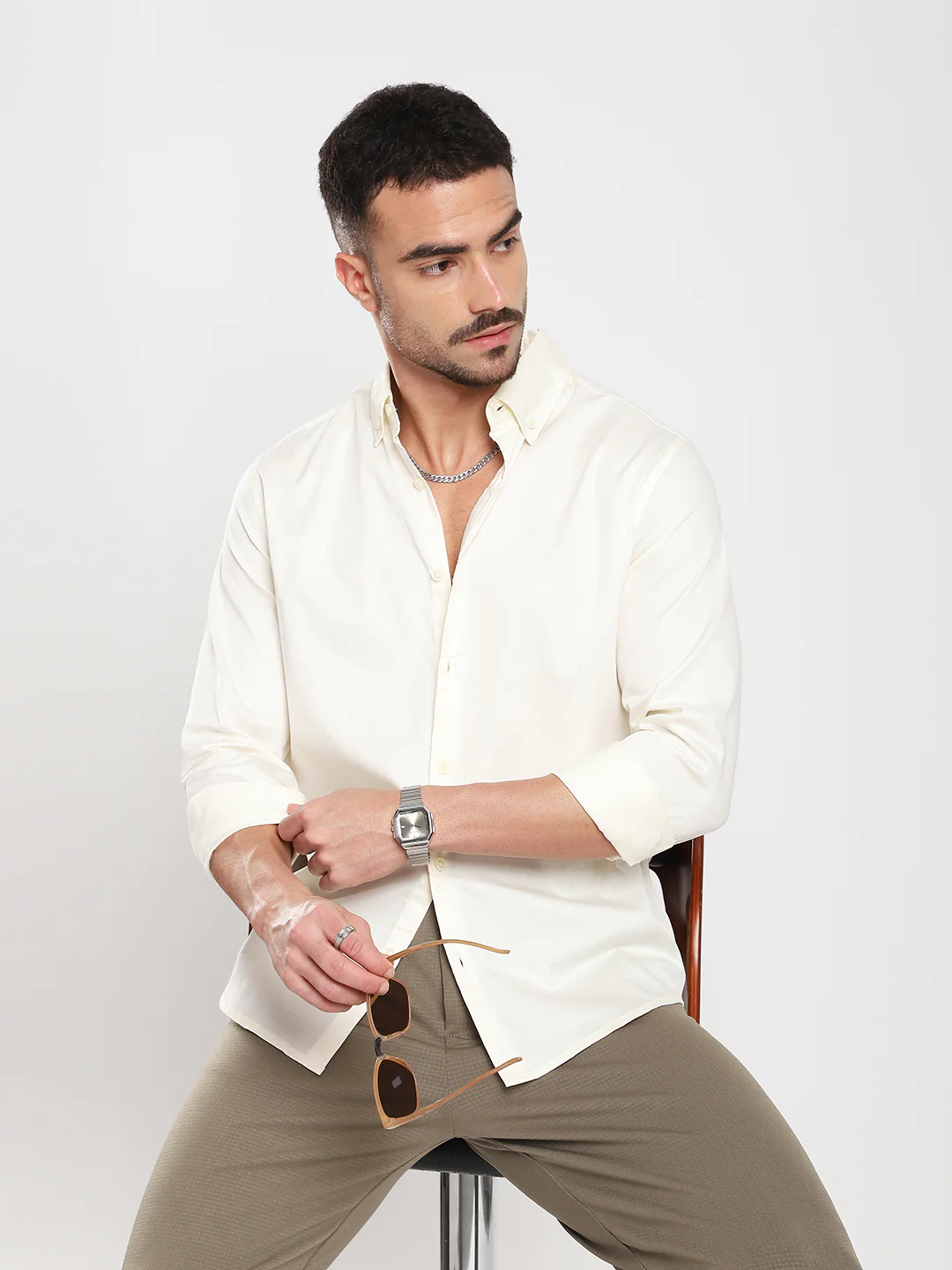 Morning Mist Satin Button-Down Collar Cream Shirt
