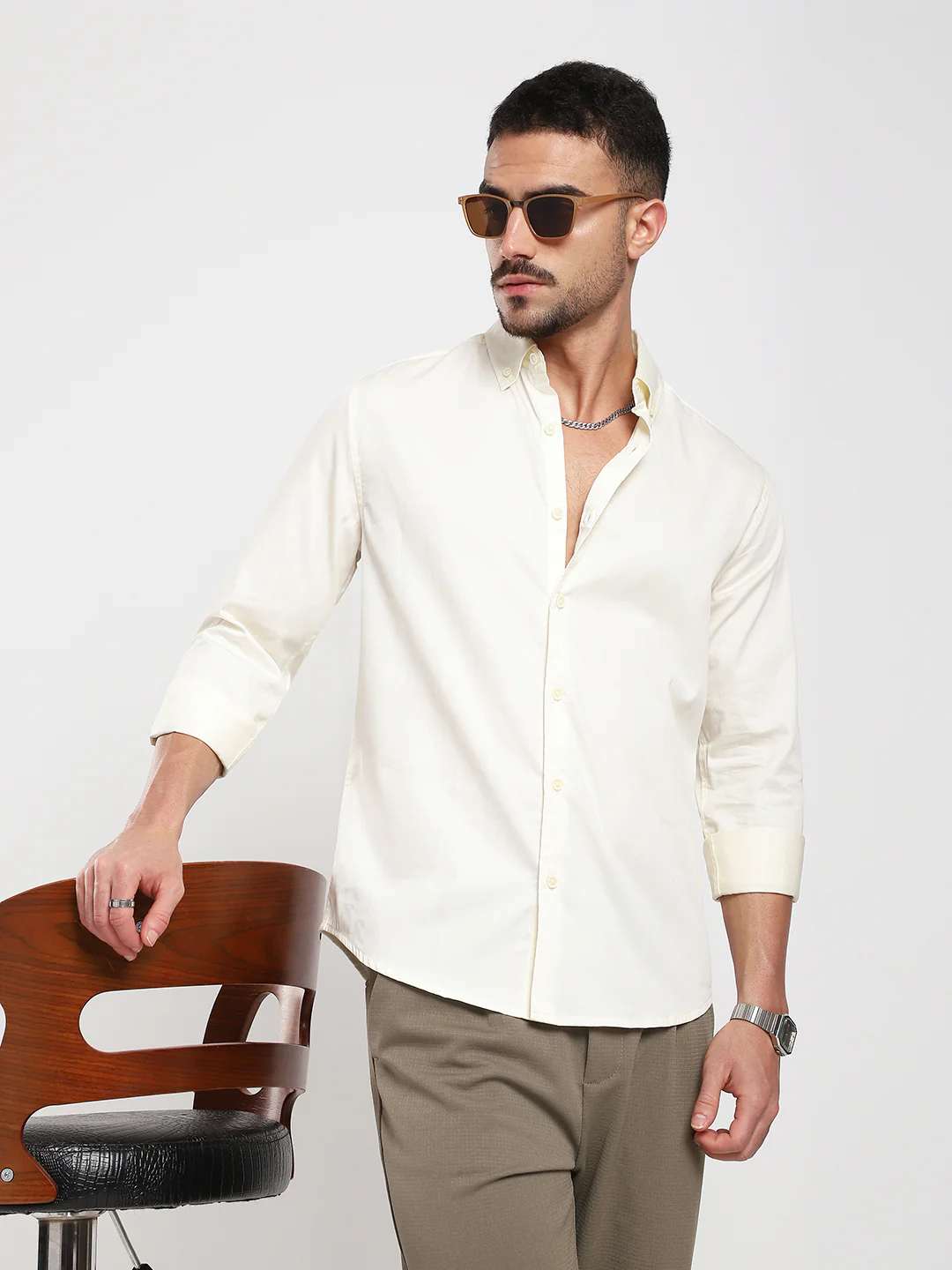 Morning Mist Satin Button-Down Collar Cream Shirt - Image 2