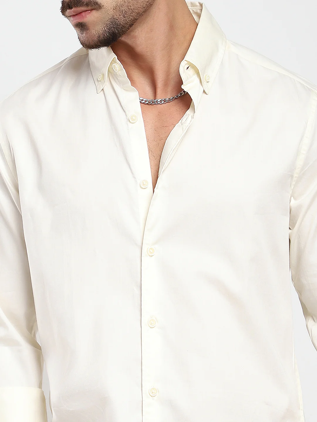 Morning Mist Satin Button-Down Collar Cream Shirt - Image 3