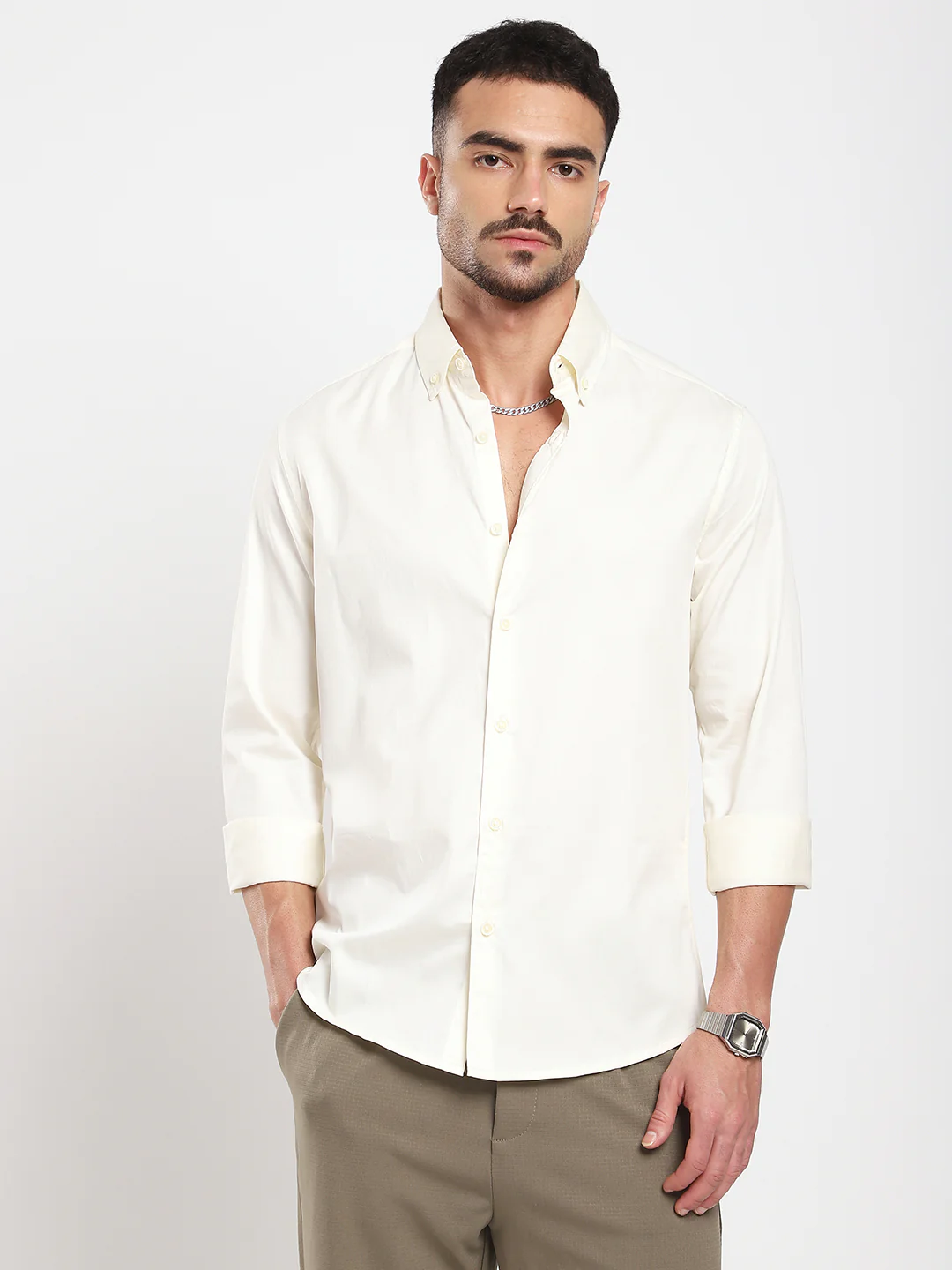 Morning Mist Satin Button-Down Collar Cream Shirt - Image 4