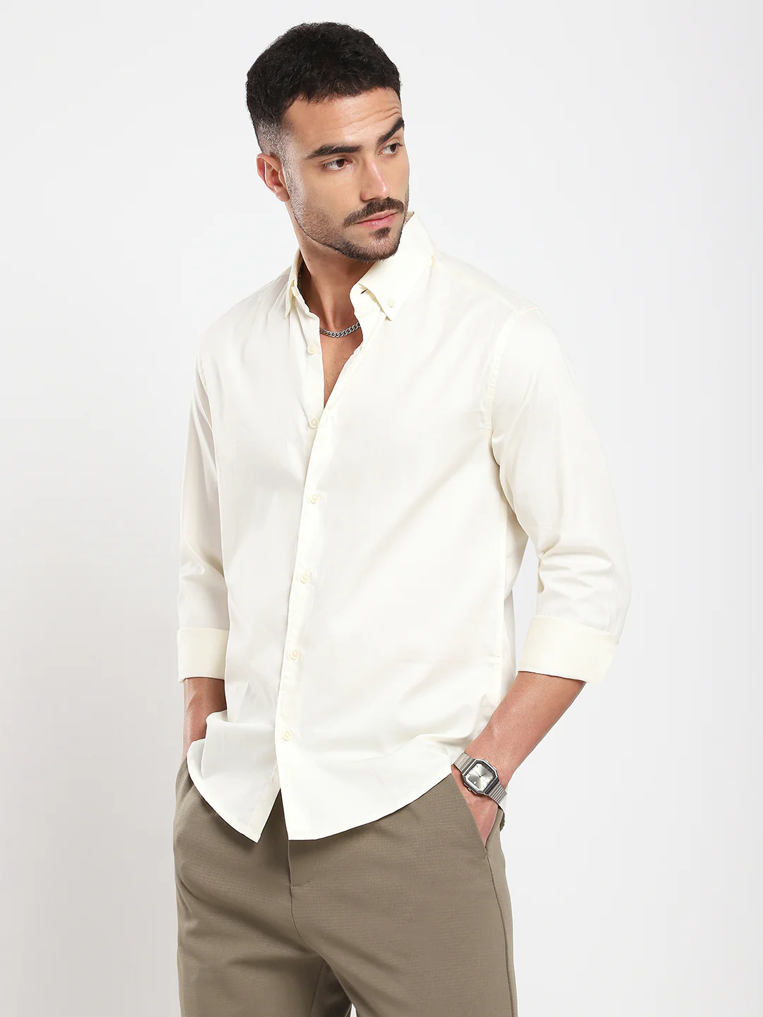 Morning Mist Satin Button-Down Collar Cream Shirt - Image 5