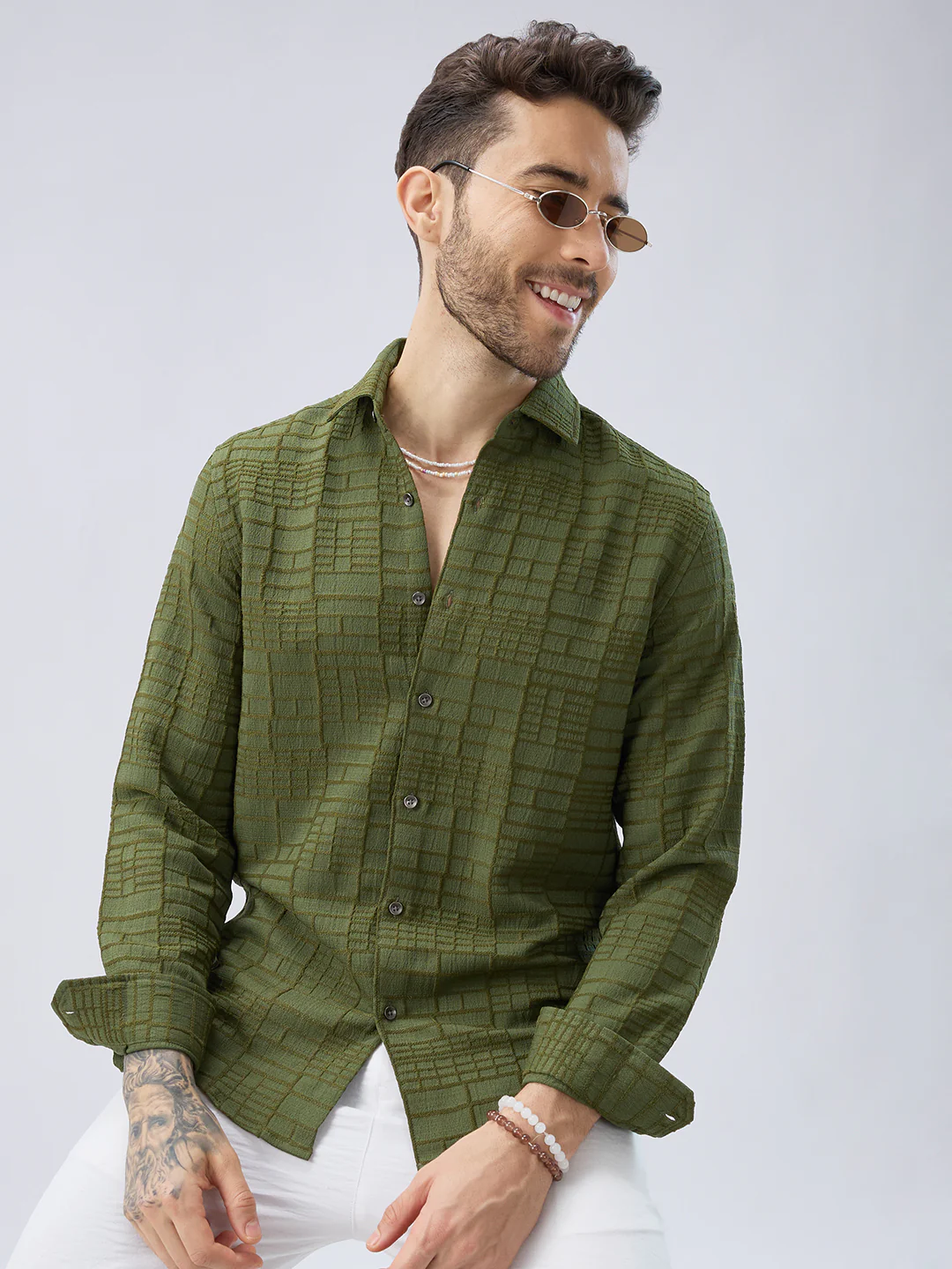 Moss Green Architectural Jacquard Weave Shirt - Image 2