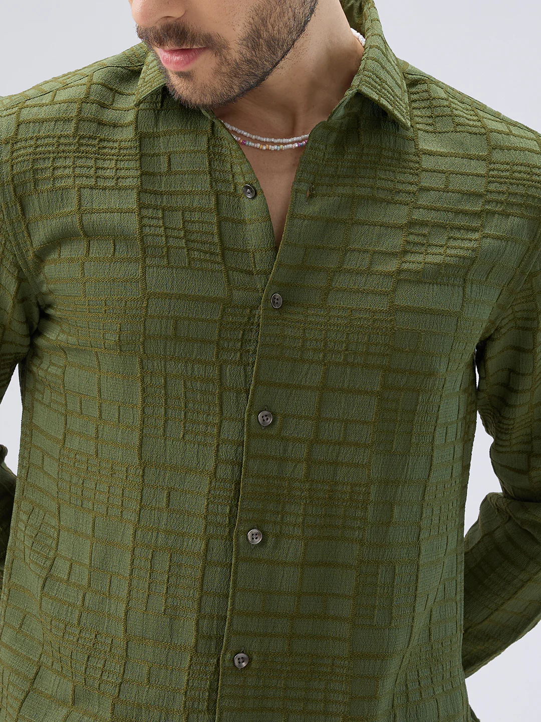 Moss Green Architectural Jacquard Weave Shirt - Image 3