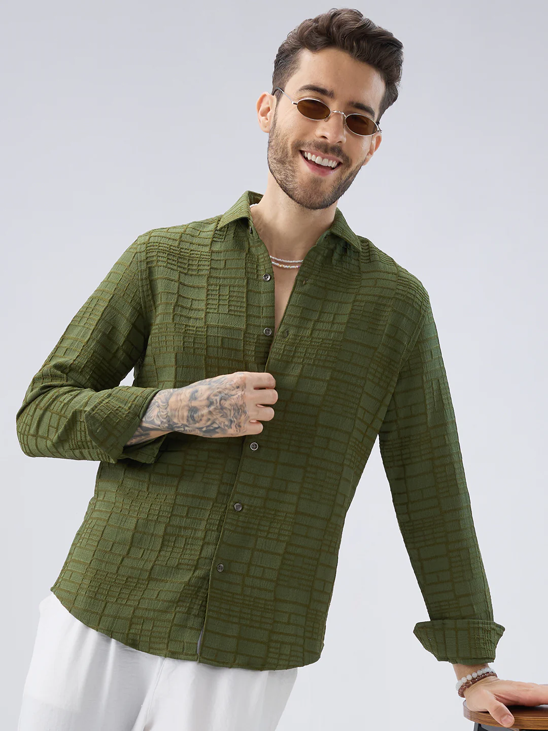Moss Green Architectural Jacquard Weave Shirt - Image 4