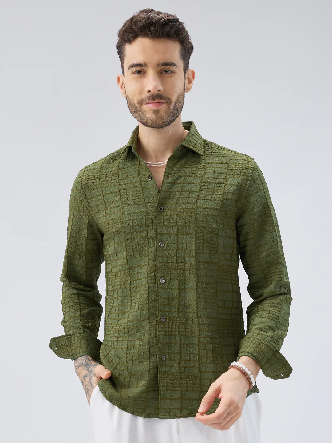 Moss Green Architectural Jacquard Weave Shirt - Image 5