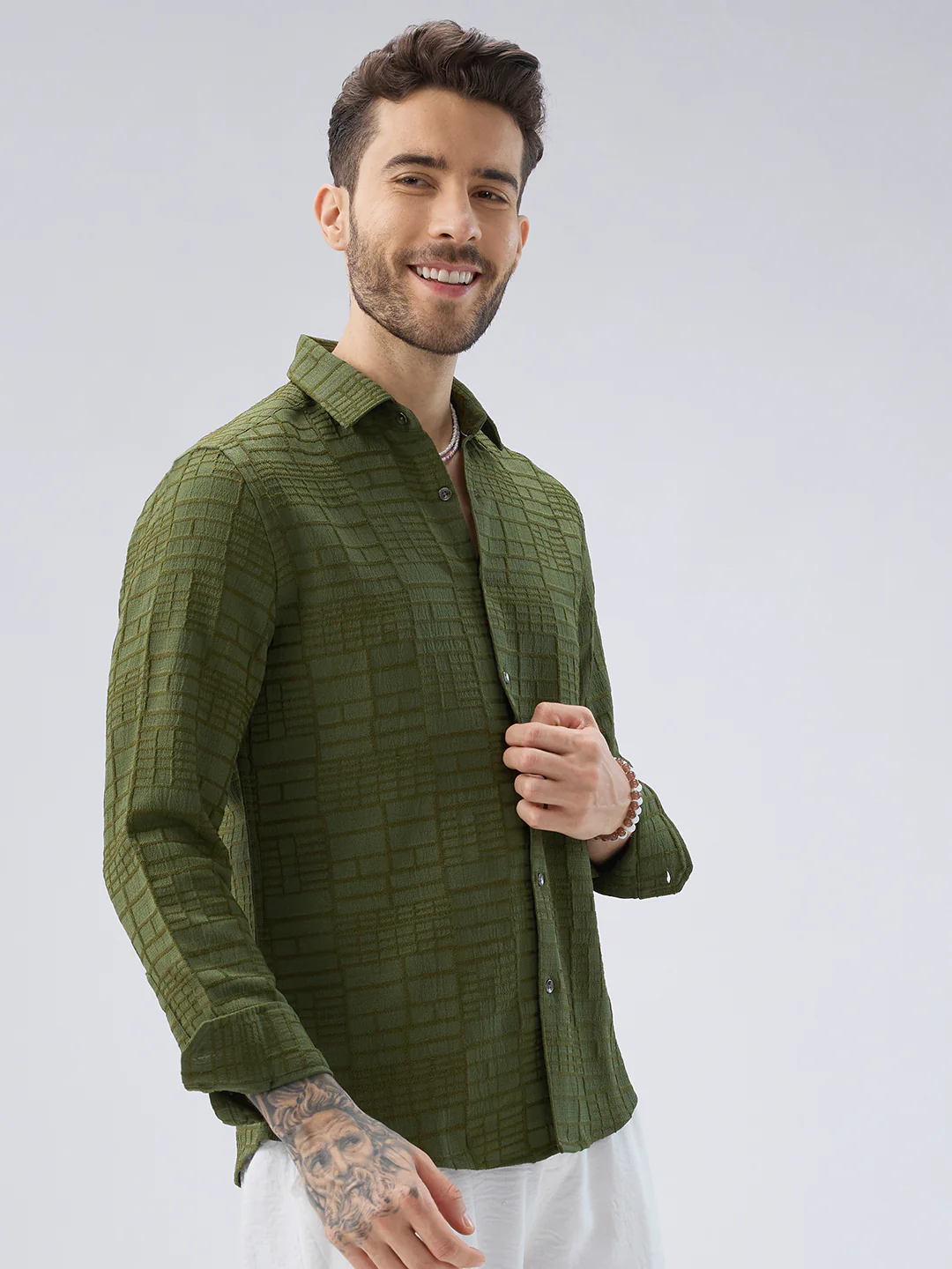 Moss Green Architectural Jacquard Weave Shirt - Image 6