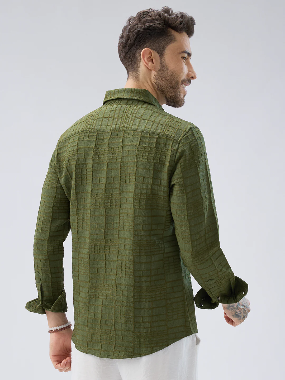 Moss Green Architectural Jacquard Weave Shirt - Image 7