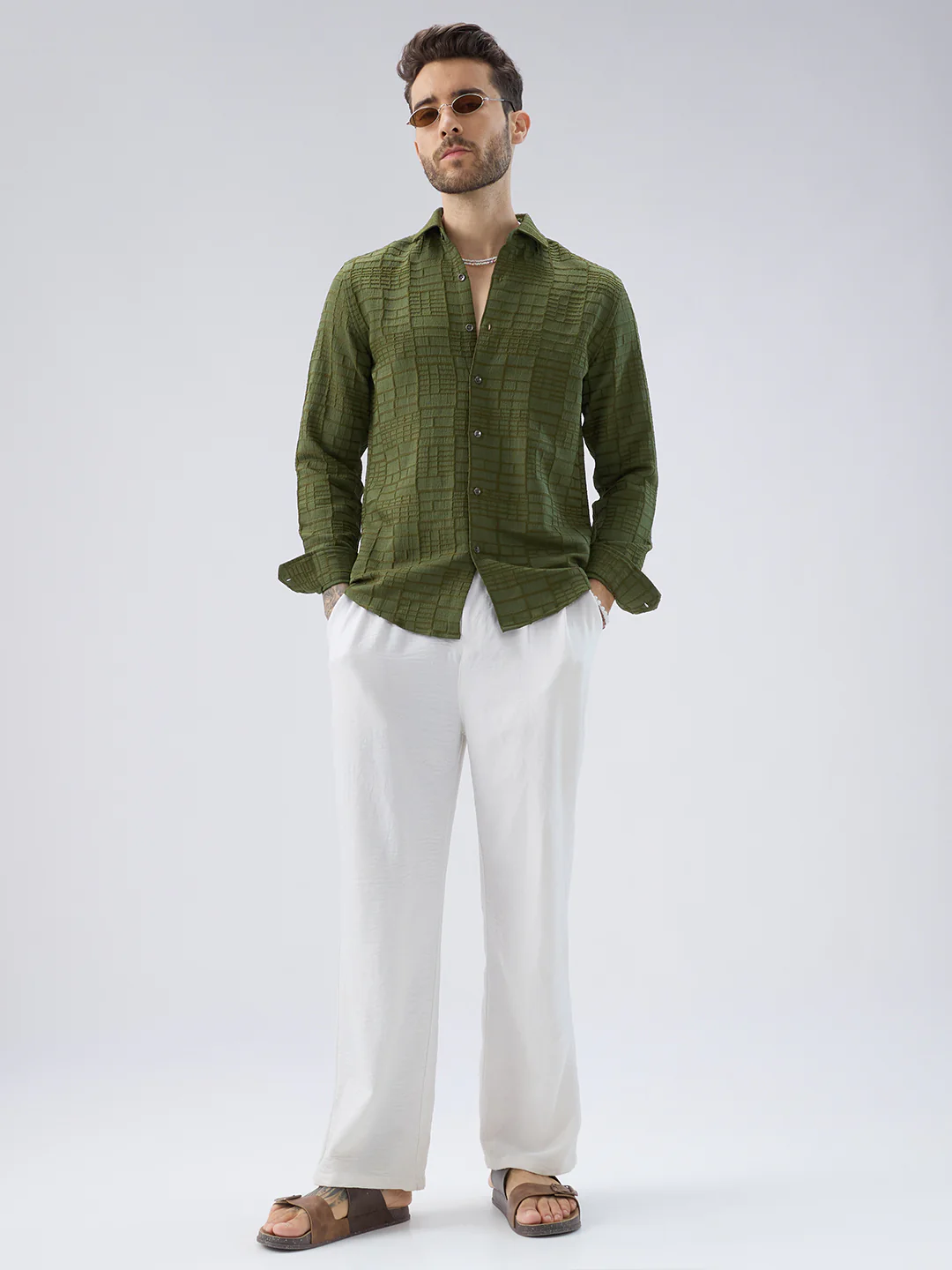 Moss Green Architectural Jacquard Weave Shirt - Image 8