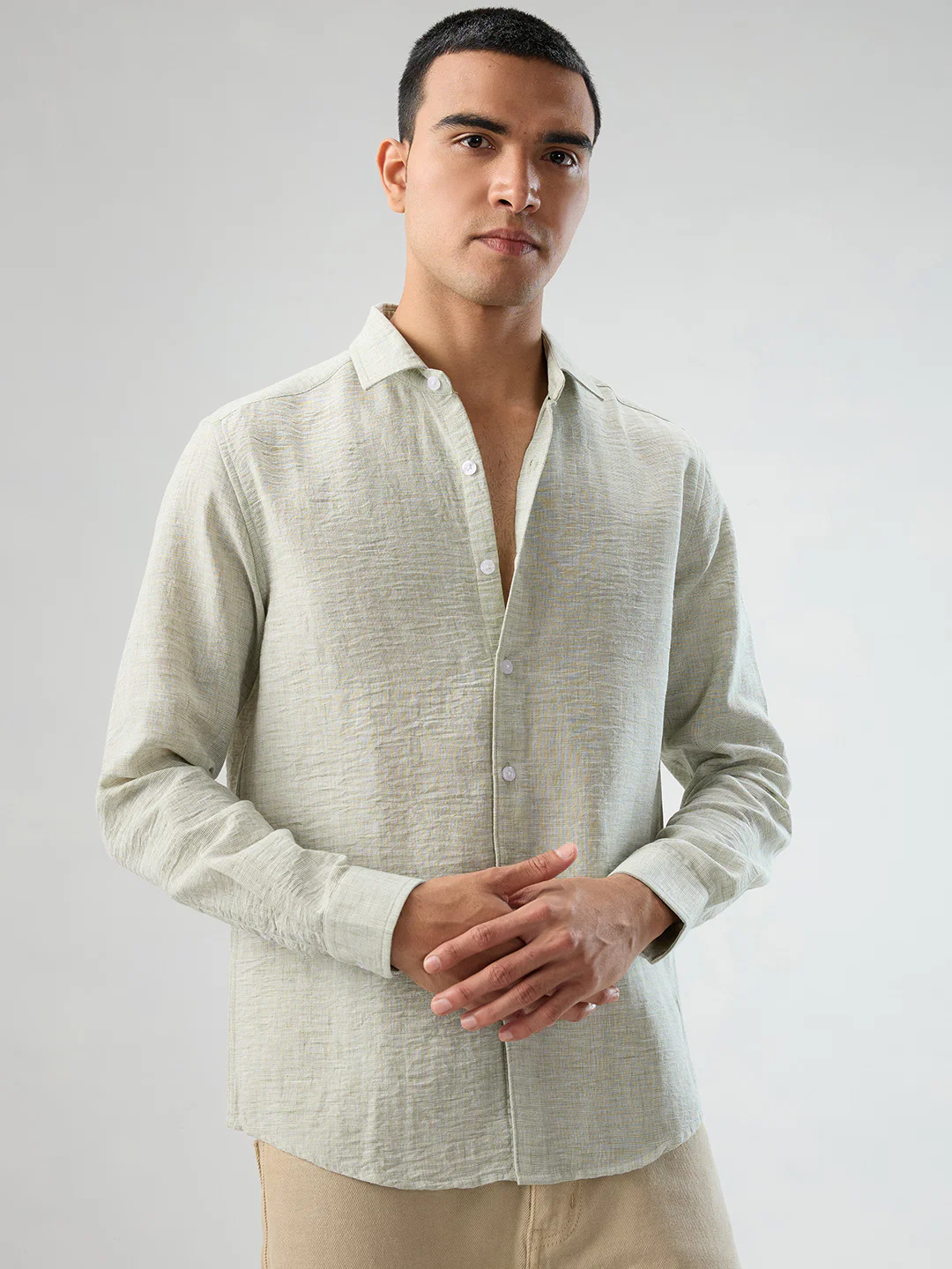 Moss Green Crinkled Textured Shirt - Image 4