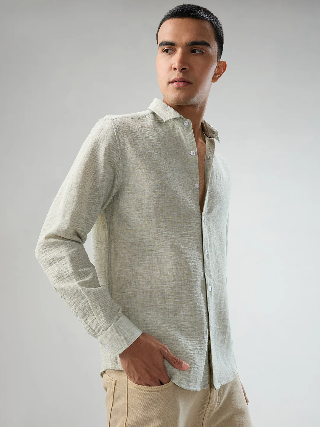 Moss Green Crinkled Textured Shirt - Image 5