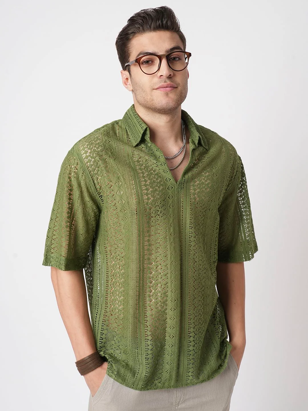 Moss Green Crochet Oversized Polo Shirt - Image 2