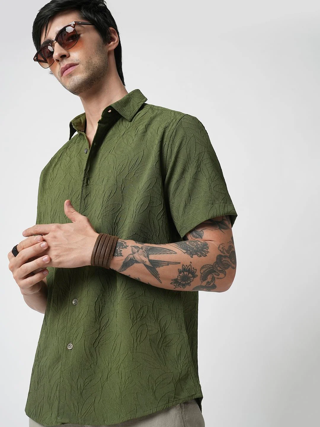 Moss Green Leaf Textured Shirt - Image 5