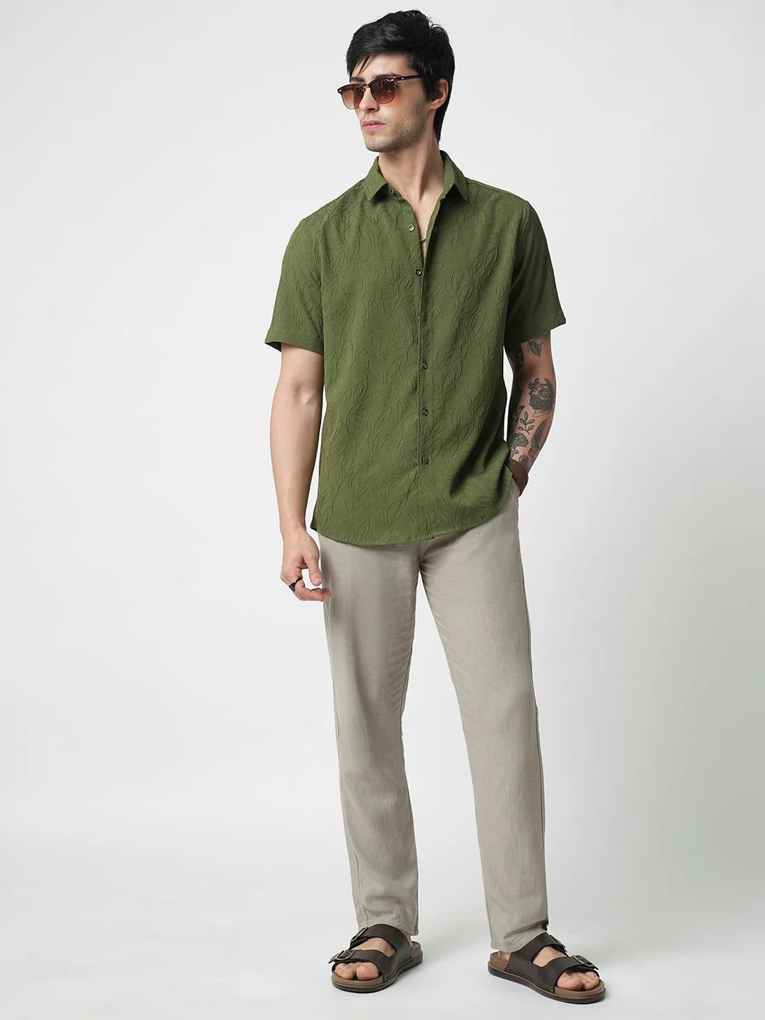 Moss Green Leaf Textured Shirt - Image 7