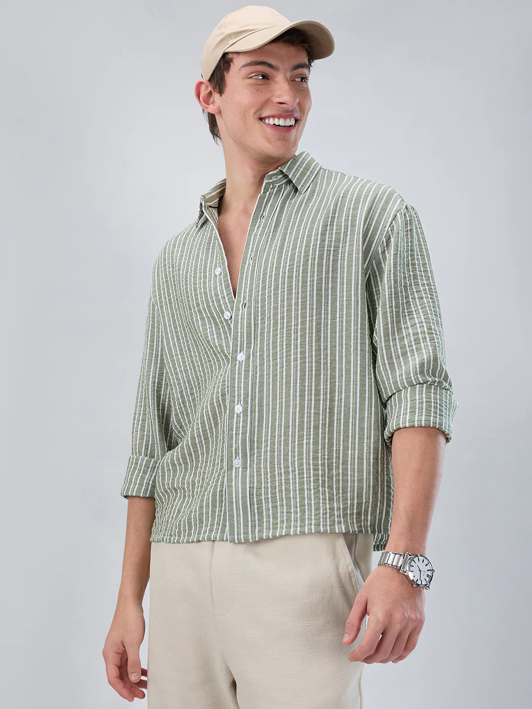 Moss Green Linear Striped Lightweight Crinkled Boxy Fit Crop Shirt - Image 2