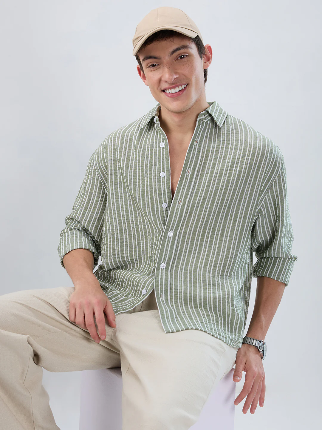 Moss Green Linear Striped Lightweight Crinkled Boxy Fit Crop Shirt - Image 4