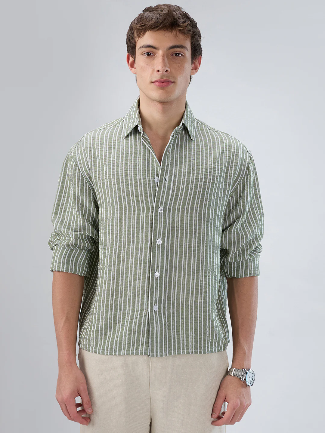 Moss Green Linear Striped Lightweight Crinkled Boxy Fit Crop Shirt - Image 5