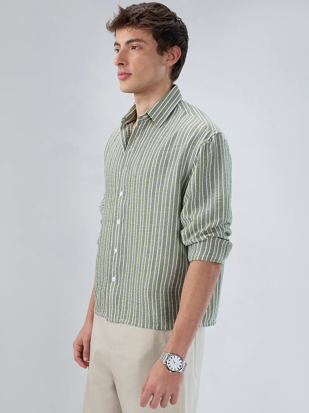 Moss Green Linear Striped Lightweight Crinkled Boxy Fit Crop Shirt - Image 6