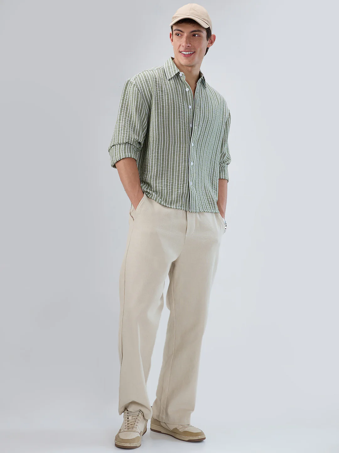 Moss Green Linear Striped Lightweight Crinkled Boxy Fit Crop Shirt - Image 7