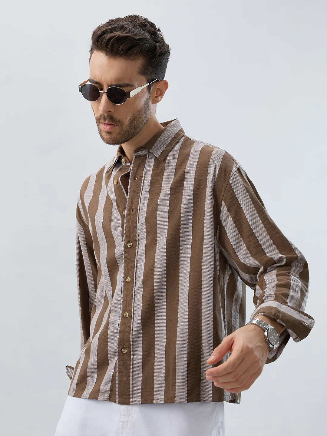 Mud Brown Bold Striped Boxy Fit Crop Shirt - Image 2