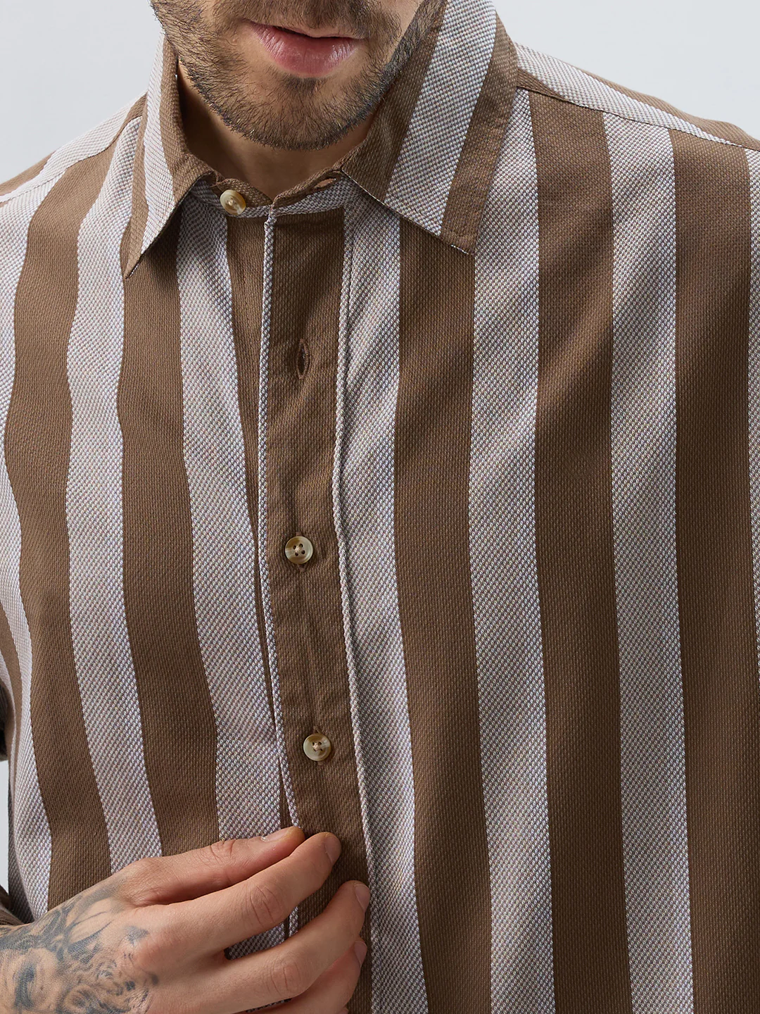 Mud Brown Bold Striped Boxy Fit Crop Shirt - Image 3
