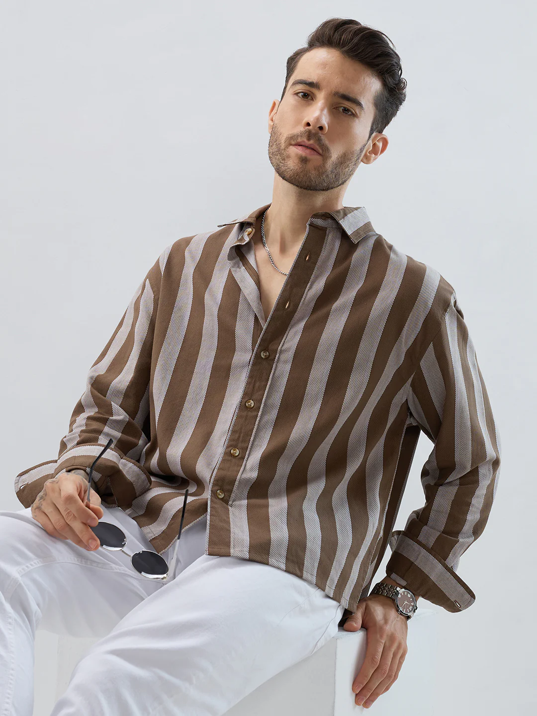 Mud Brown Bold Striped Boxy Fit Crop Shirt - Image 4