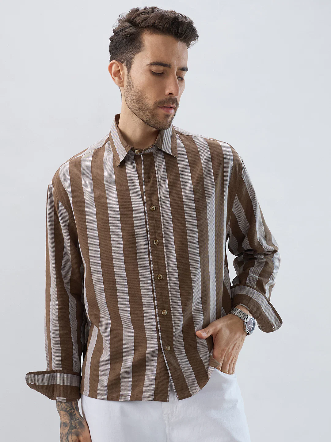 Mud Brown Bold Striped Boxy Fit Crop Shirt - Image 5