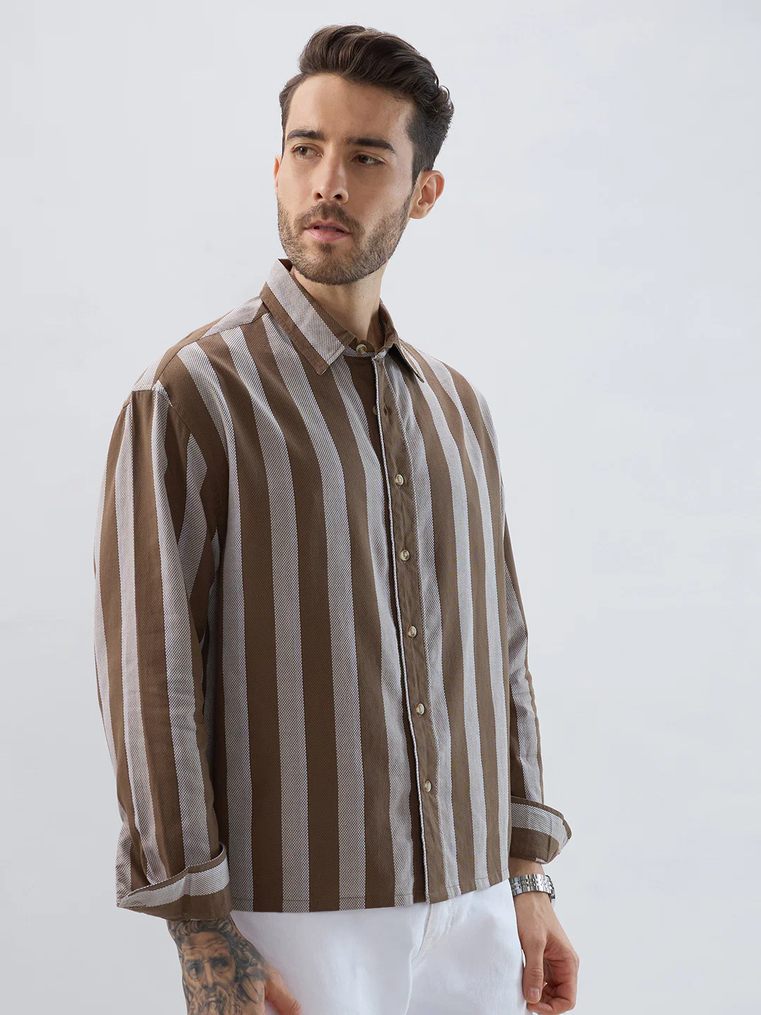 Mud Brown Bold Striped Boxy Fit Crop Shirt - Image 6