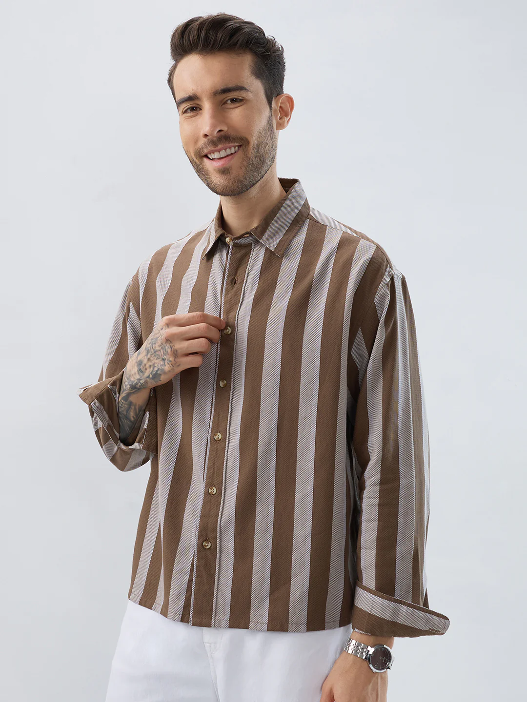 Mud Brown Bold Striped Boxy Fit Crop Shirt - Image 7