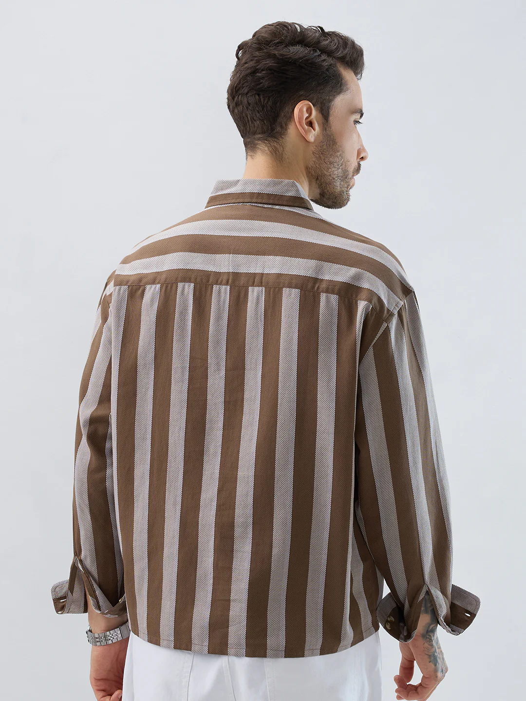Mud Brown Bold Striped Boxy Fit Crop Shirt - Image 8