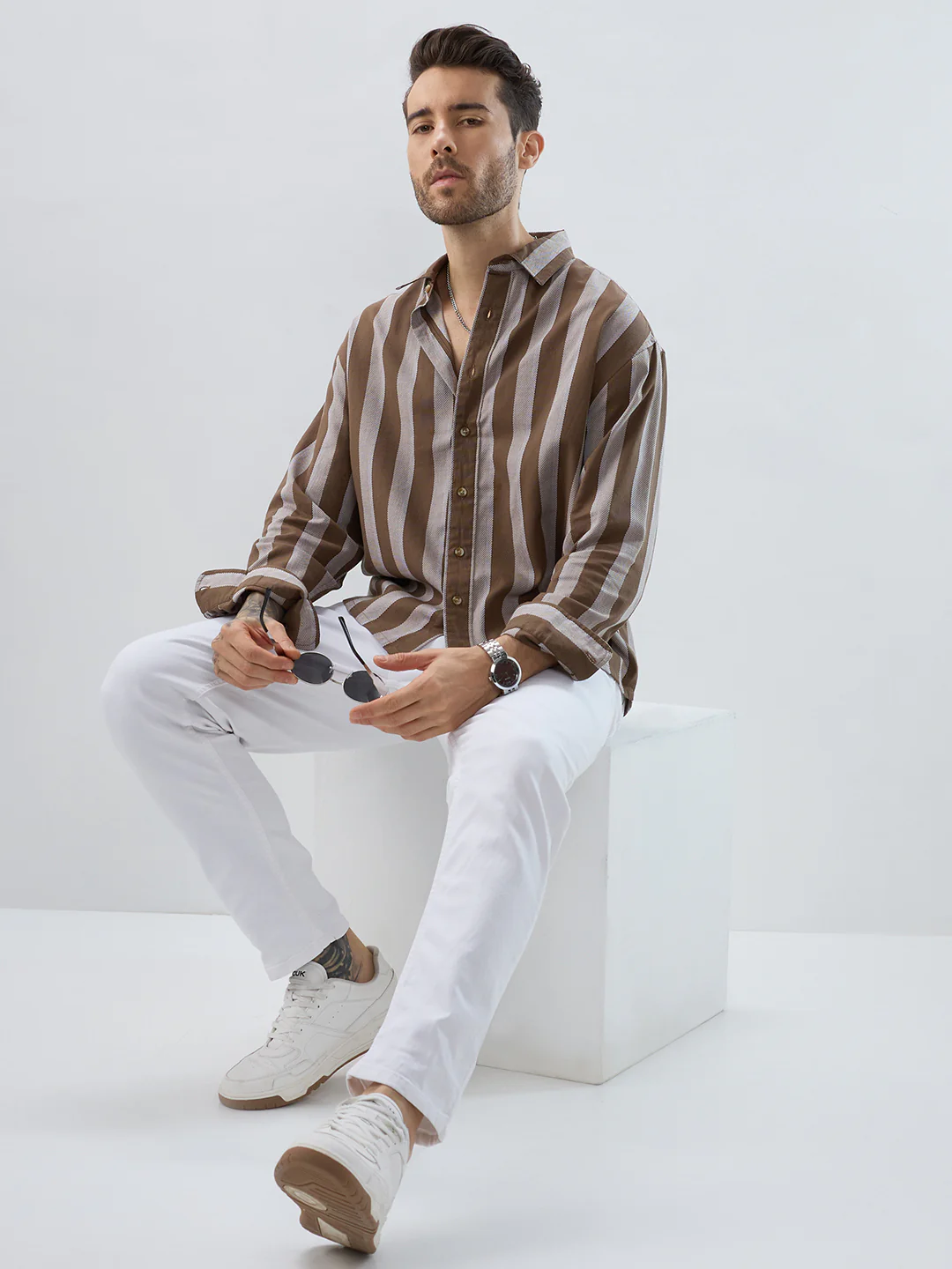 Mud Brown Bold Striped Boxy Fit Crop Shirt - Image 9