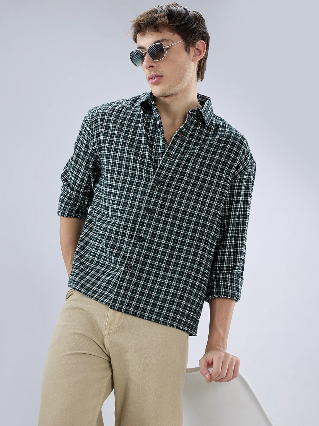 Multi Shepherd’s Check Boxy Fit Crop Flannel Shirt - Image 2