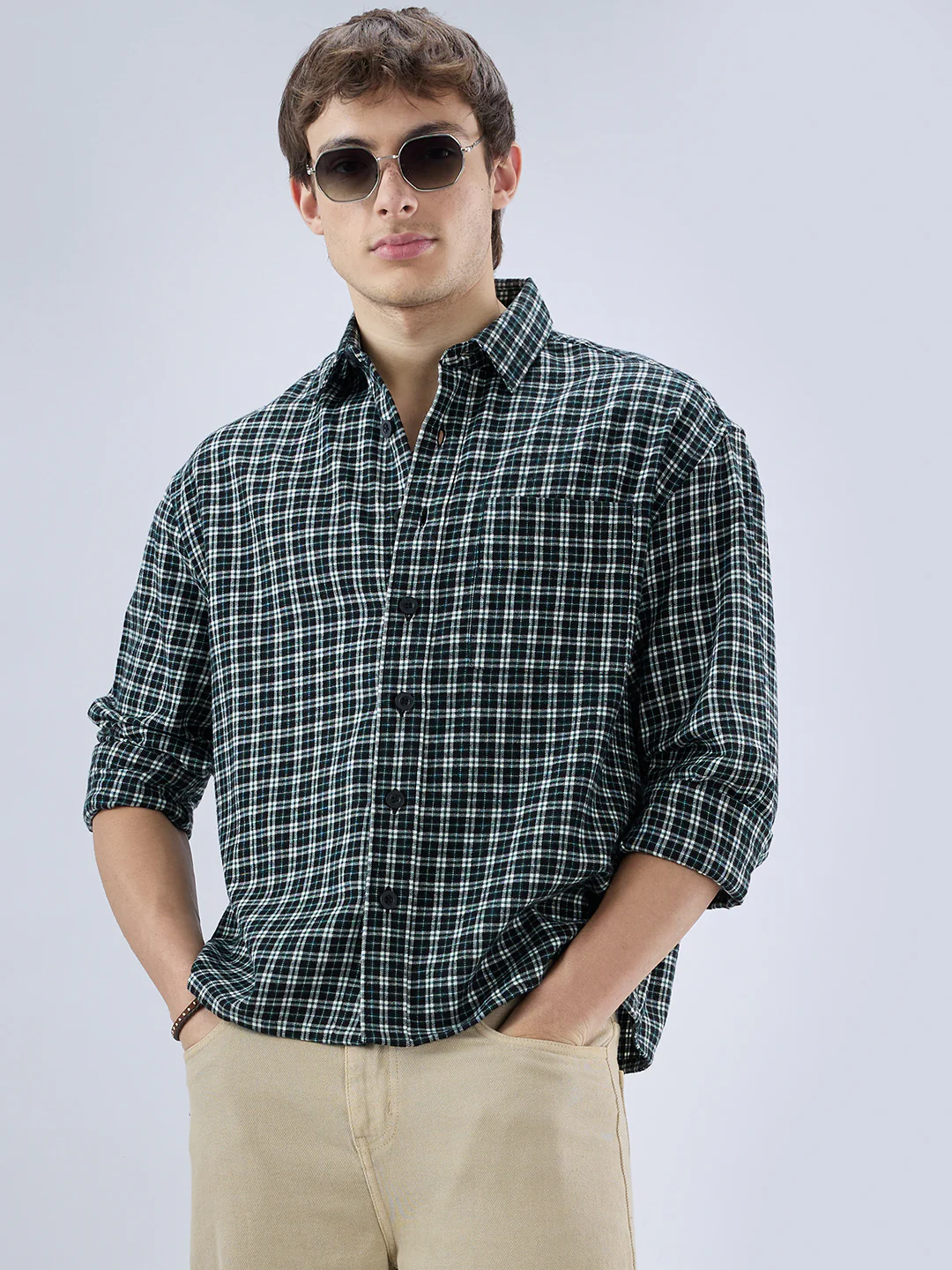 Multi Shepherd’s Check Boxy Fit Crop Flannel Shirt - Image 4