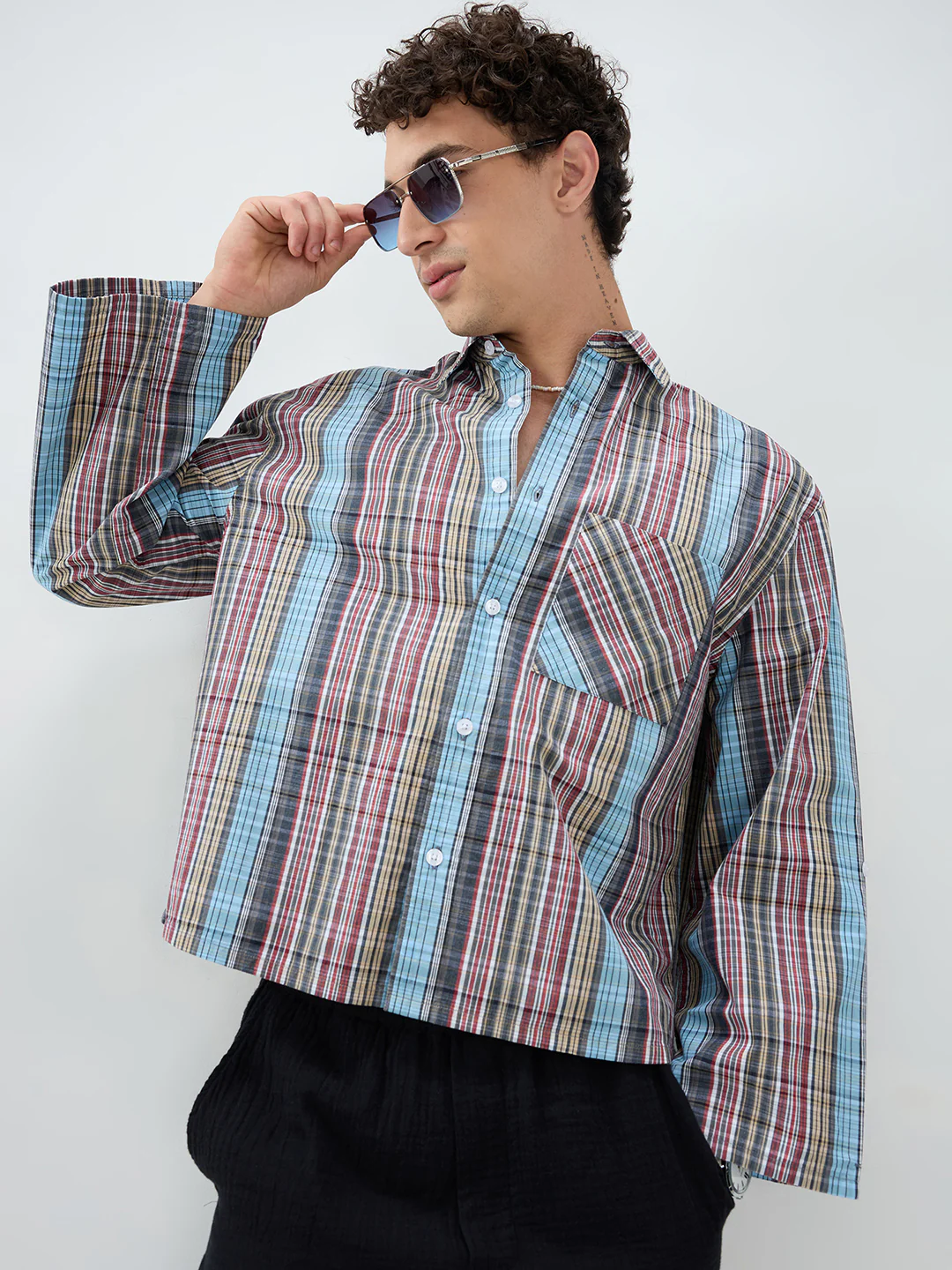 Multi Stripe Fusion Checks Cuffless Oversized Crop Shirt - Image 2