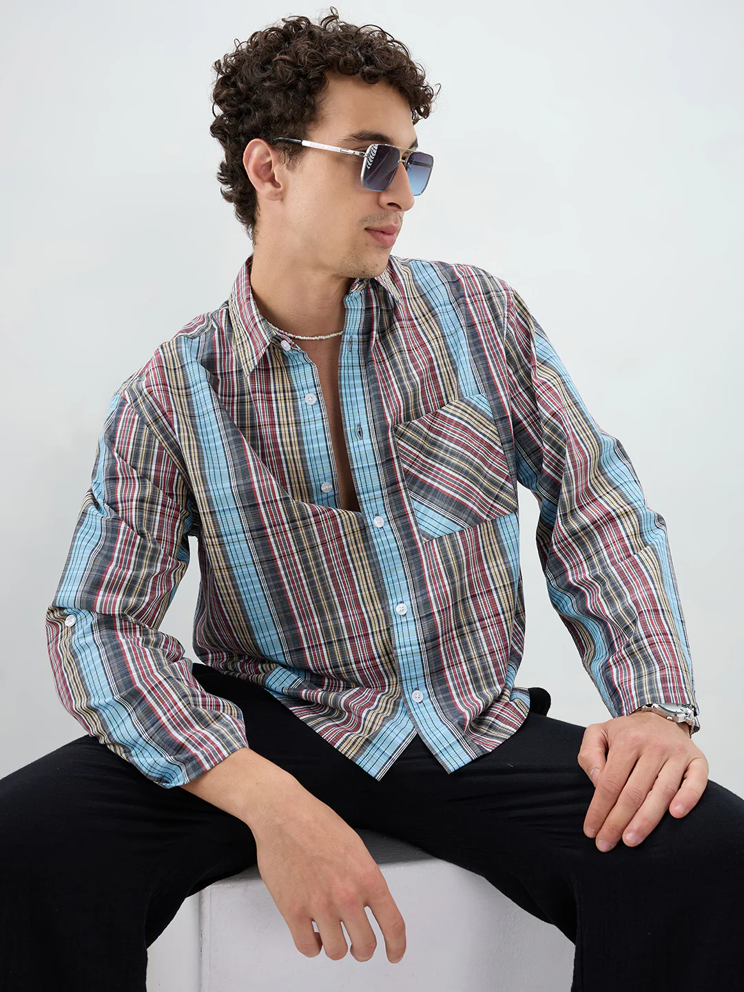 Multi Stripe Fusion Checks Cuffless Oversized Crop Shirt - Image 4
