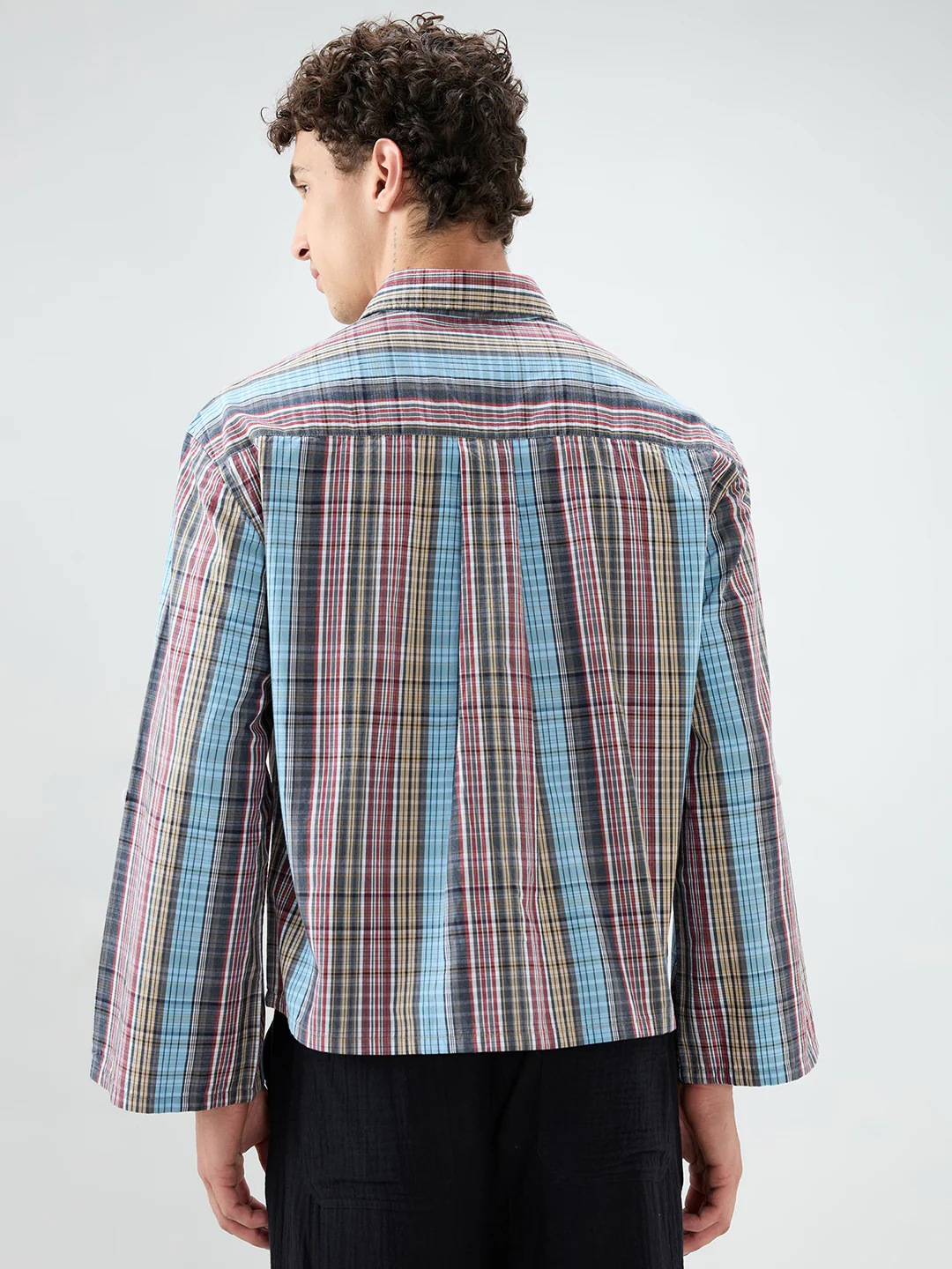 Multi Stripe Fusion Checks Cuffless Oversized Crop Shirt - Image 7