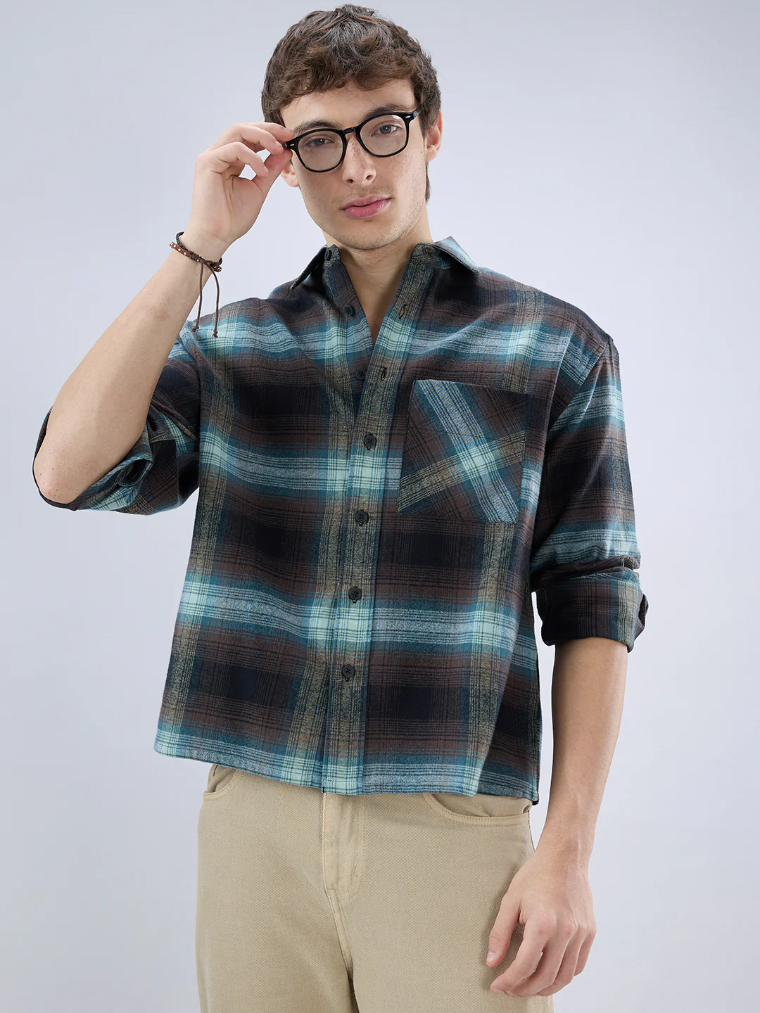 Multicolor Plaid Checked Boxy Fit Crop Flannel Shirt - Image 2