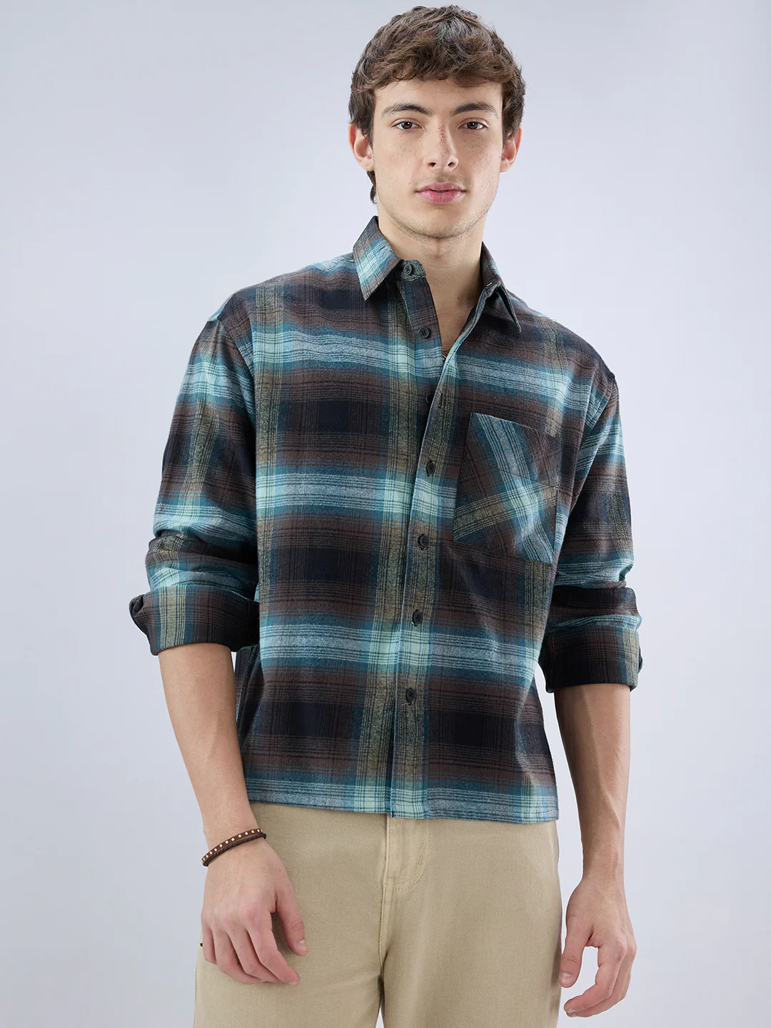 Multicolor Plaid Checked Boxy Fit Crop Flannel Shirt - Image 5