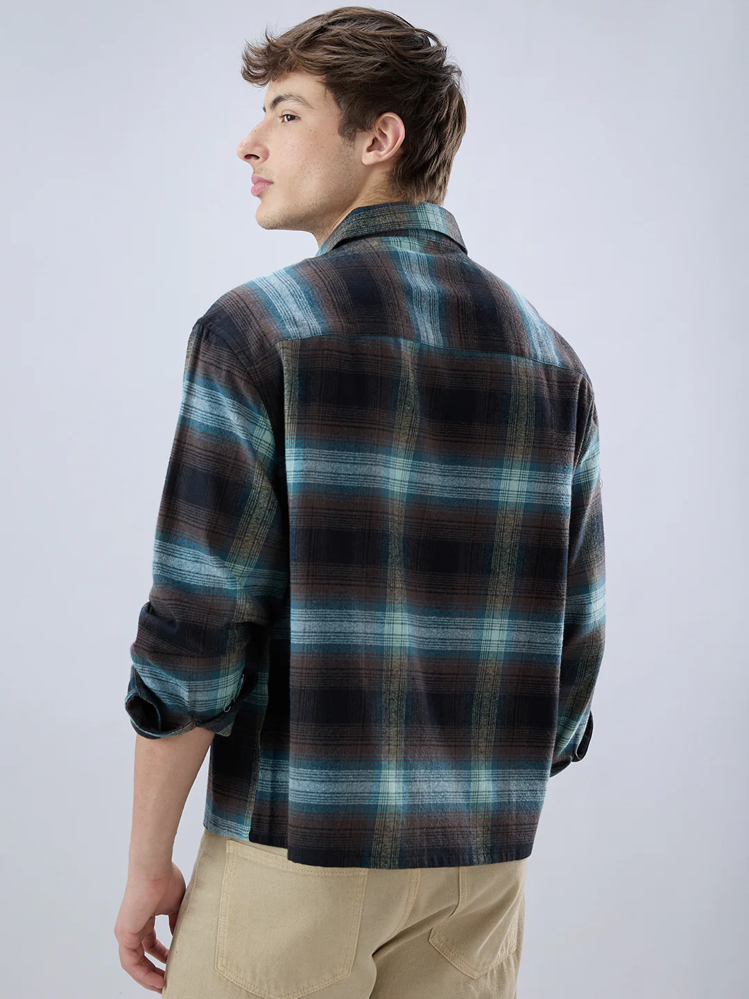 Multicolor Plaid Checked Boxy Fit Crop Flannel Shirt - Image 7
